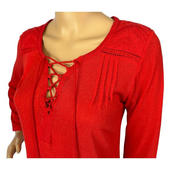 2/$15 Lucky Brand Lace-Up Embroidered Peasant Top Red Boho Tassel Size XS - Picture 7 of 9